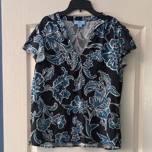 CeCe Navy and Blue Floral V-Neck Blouse